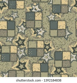 Seamless pattern. Square checkered patches and abstract elements. Multicolor.