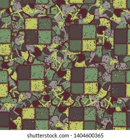 Seamless pattern. Square checkered patches and abstract elements. Multicolor.