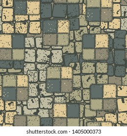 Seamless pattern. Square checkered patches and abstract elements. Multicolor.