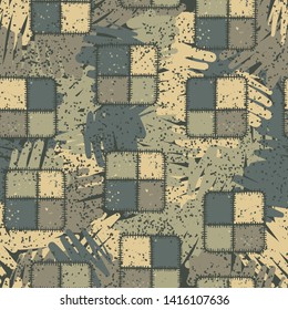 Seamless pattern. Square checkered patches and abstract elements. Multicolor.