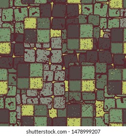 Seamless pattern. Square checkered patches and abstract elements. Multicolor.