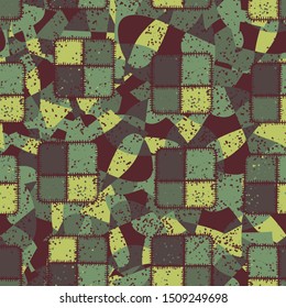 Seamless pattern. Square checkered patches and abstract elements. Multicolor.