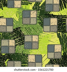 Seamless pattern. Square checkered patches and abstract elements. Multicolor.