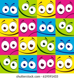 Seamless pattern of square colorful emoticons.