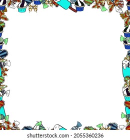 Seamless pattern. Square frames doodles. Illustration in white, blue and black colors. Vector illustration.
