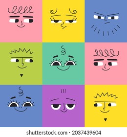 Seamless pattern with square funny characters with differents face emotions. Colorful modern vector illustration with shapes happy sad angry smiley faces for children. 