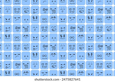 Seamless pattern with square funny characters with different facial emotions. Vector illustration with figures happy sad angry emoticons for children. vector pattern