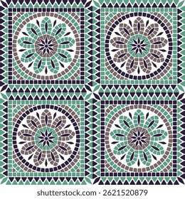 Seamless pattern of square mosaic tiles with mosaic flower surrounded by concentric circles and geometric borders  on a white background.