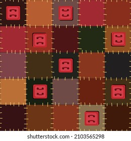 Seamless pattern, square patches with stitches and buttons