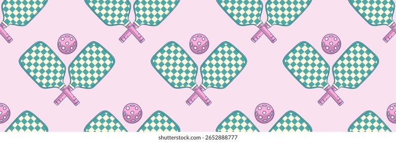 Seamless pattern with square pattern of pickleball rackets and balls for textile, wrapping paper and sports decor