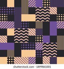 Seamless pattern. Square tiles with chaotic ornament of waves, stripes and dots. Abstract modern endless background for fabric and fashion terxtile print. Vector illustration.