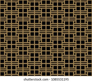 Seamless pattern with squares, black gold diagonal braided striped lines. Vector ornamental background. Futuristic vibrant design.