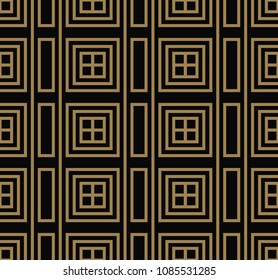 Seamless pattern with squares, black gold diagonal braided striped lines. Vector ornamental background. Futuristic vibrant design.