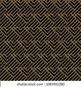 Seamless pattern with squares, black gold diagonal braided striped lines. Vector ornamental background. Futuristic vibrant design.