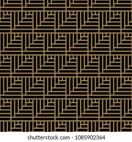 Seamless pattern with squares, black gold diagonal braided striped lines. Vector ornamental background. Futuristic vibrant design.