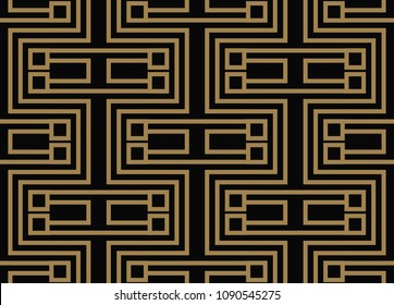 Seamless pattern with squares, black gold diagonal braided striped lines. Vector ornamental background. Futuristic vibrant design.