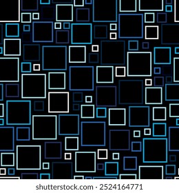 Patrón sin fisuras con cuadrados en tonos azules y blancos sobre un fondo oscuro. Antecedentes Abstractas. Ilustración vectorial para estampados sobre tejidos, embalajes, fundas y para decoración de interiores y escenografías