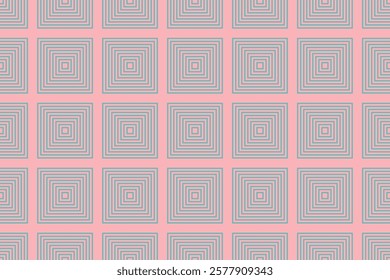 Seamless pattern with squares. Brutalist geometric abstract shape. Primitive linear elements in minimalist style. Blue lines on pink background. Memphis texture. Flat vector illustration.