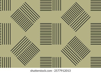 Seamless pattern with squares. Brutalist geometric abstract shape. Primitive linear elements in minimalist style. Black lines on grey-green background. Memphis texture. Modern flat vector illustration