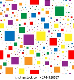 Patrón sin foco con cuadrados de colores de la bandera LGBT. Píxeles arcoiris coloridos de diferentes tamaños sobre un fondo blanco. Gay, lesbiana, amor transgénero, concepto de mes de orgullo