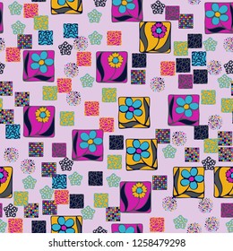 Seamless pattern. Squares containing flowers surrounded by placers of abstract elements.