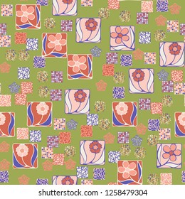 Seamless pattern. Squares containing flowers surrounded by placers of abstract elements.