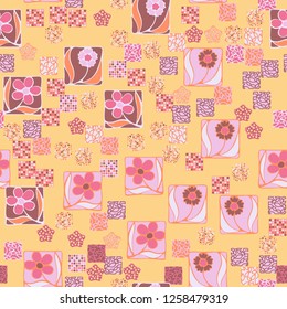 Seamless pattern. Squares containing flowers surrounded by placers of abstract elements.