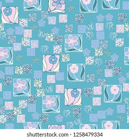 Seamless pattern. Squares containing flowers surrounded by placers of abstract elements.
