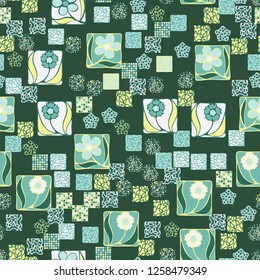 Seamless pattern. Squares containing flowers surrounded by placers of abstract elements.