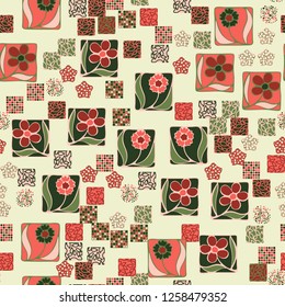 Seamless pattern. Squares containing flowers surrounded by placers of abstract elements.