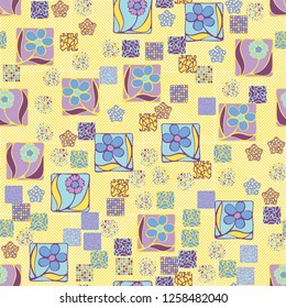 Seamless pattern. Squares containing flowers surrounded by a placer of abstract elements are located on a diagonal-striped background.