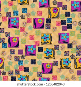Seamless pattern. Squares containing flowers surrounded by a placer of abstract elements are located on a diagonal-striped background.