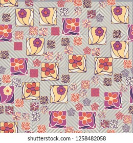 Seamless pattern. Squares containing flowers surrounded by a placer of abstract elements are located on a diagonal-striped background.