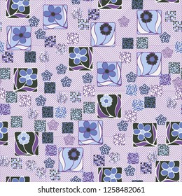 Seamless pattern. Squares containing flowers surrounded by a placer of abstract elements are located on a diagonal-striped background.