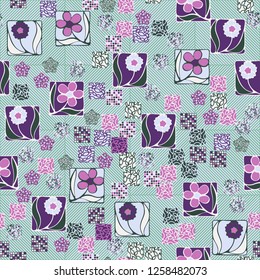 Seamless pattern. Squares containing flowers surrounded by a placer of abstract elements are located on a diagonal-striped background.