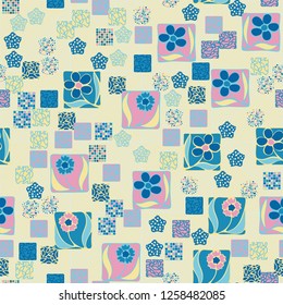 Seamless pattern. Squares containing flowers surrounded by a placer of abstract elements are located on a diagonal-striped background.