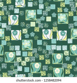 Seamless pattern. Squares containing flowers surrounded by a placer of abstract elements are located on a diagonal-striped background.