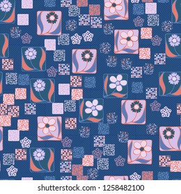 Seamless pattern. Squares containing flowers surrounded by a placer of abstract elements are located on a diagonal-striped background.