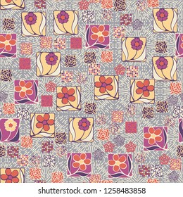 Seamless pattern. Squares containing flowers surrounded by a placer of abstract elements are located on the background of radiant elements.