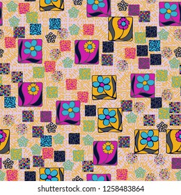 Seamless pattern. Squares containing flowers surrounded by a placer of abstract elements are located on the background of radiant elements.