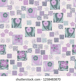 Seamless pattern. Squares containing flowers surrounded by a placer of abstract elements are located on the background of radiant elements.