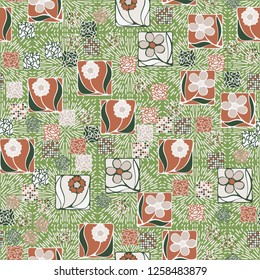 Seamless pattern. Squares containing flowers surrounded by a placer of abstract elements are located on the background of radiant elements.