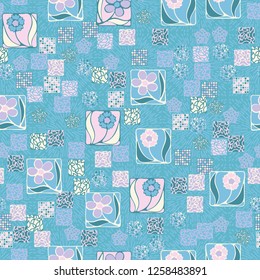 Seamless pattern. Squares containing flowers surrounded by a placer of abstract elements are located on the background of radiant elements.