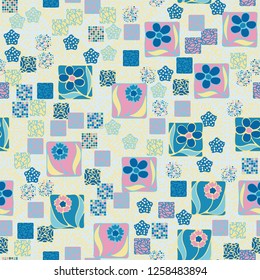 Seamless pattern. Squares containing flowers surrounded by a placer of abstract elements are located on the background of radiant elements.