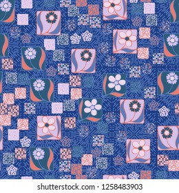 Seamless pattern. Squares containing flowers surrounded by a placer of abstract elements are located on the background of radiant elements.