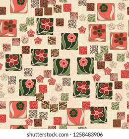 Seamless pattern. Squares containing flowers surrounded by a placer of abstract elements are located on the background of radiant elements.