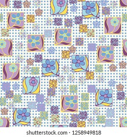 Seamless pattern. Squares containing flowers surrounded by a placer of abstract elements are located against the background of rows of small squares.