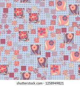 Seamless pattern. Squares containing flowers surrounded by a placer of abstract elements are located against the background of rows of small squares.