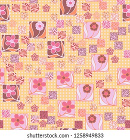 Seamless pattern. Squares containing flowers surrounded by a placer of abstract elements are located against the background of rows of small squares.