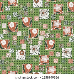 Seamless pattern. Squares containing flowers surrounded by a placer of abstract elements are located against the background of rows of small squares.
